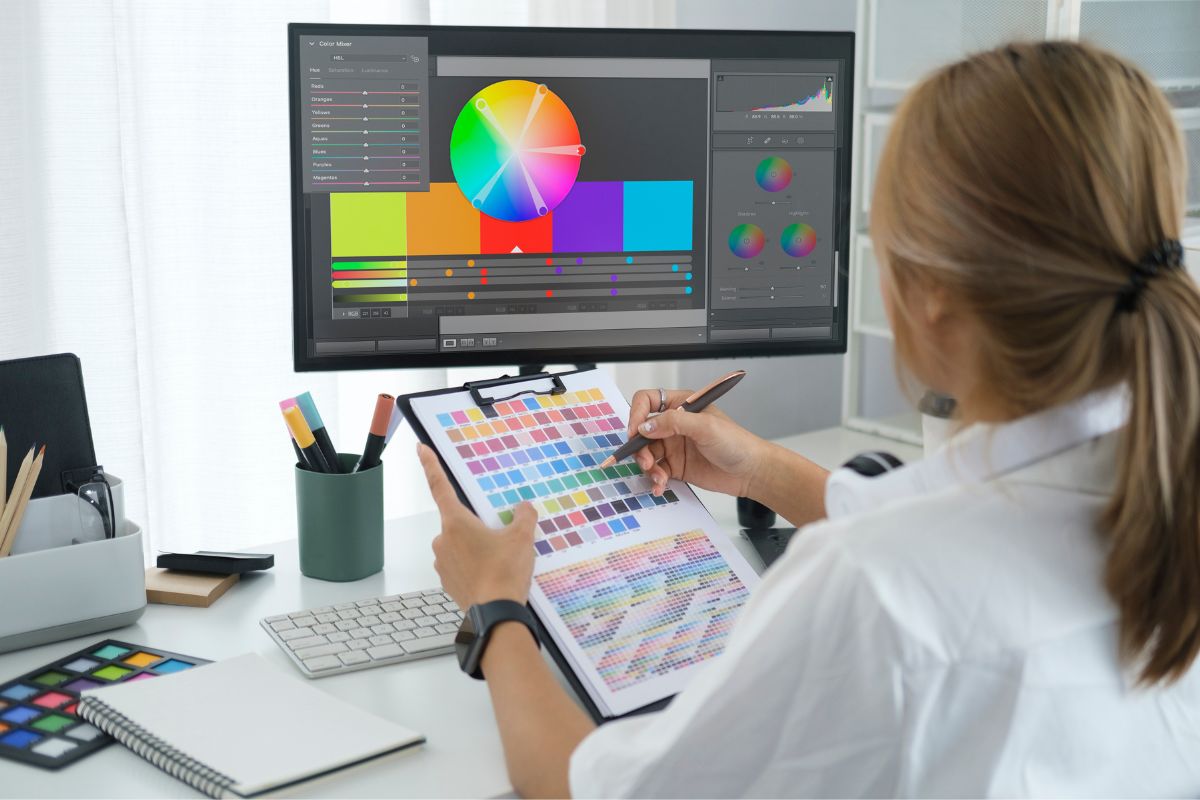 Woman using a vector file to choose color on desktop for design