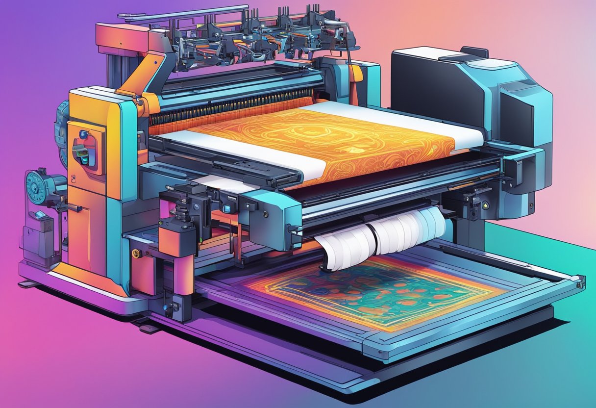 A high tech shirt printing machine in action with vibrant colors and intricate designs being transferred onto a plain shirt