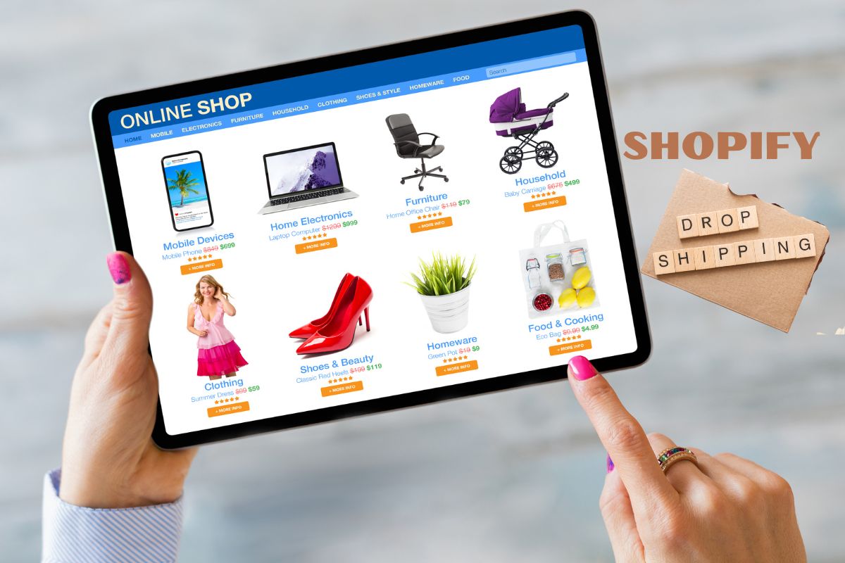 Woman using tablet to buy products listed on Shopify