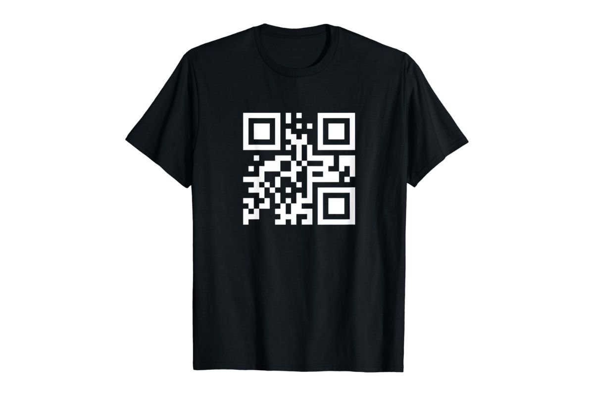 A black t shirt with white color qr printed on it