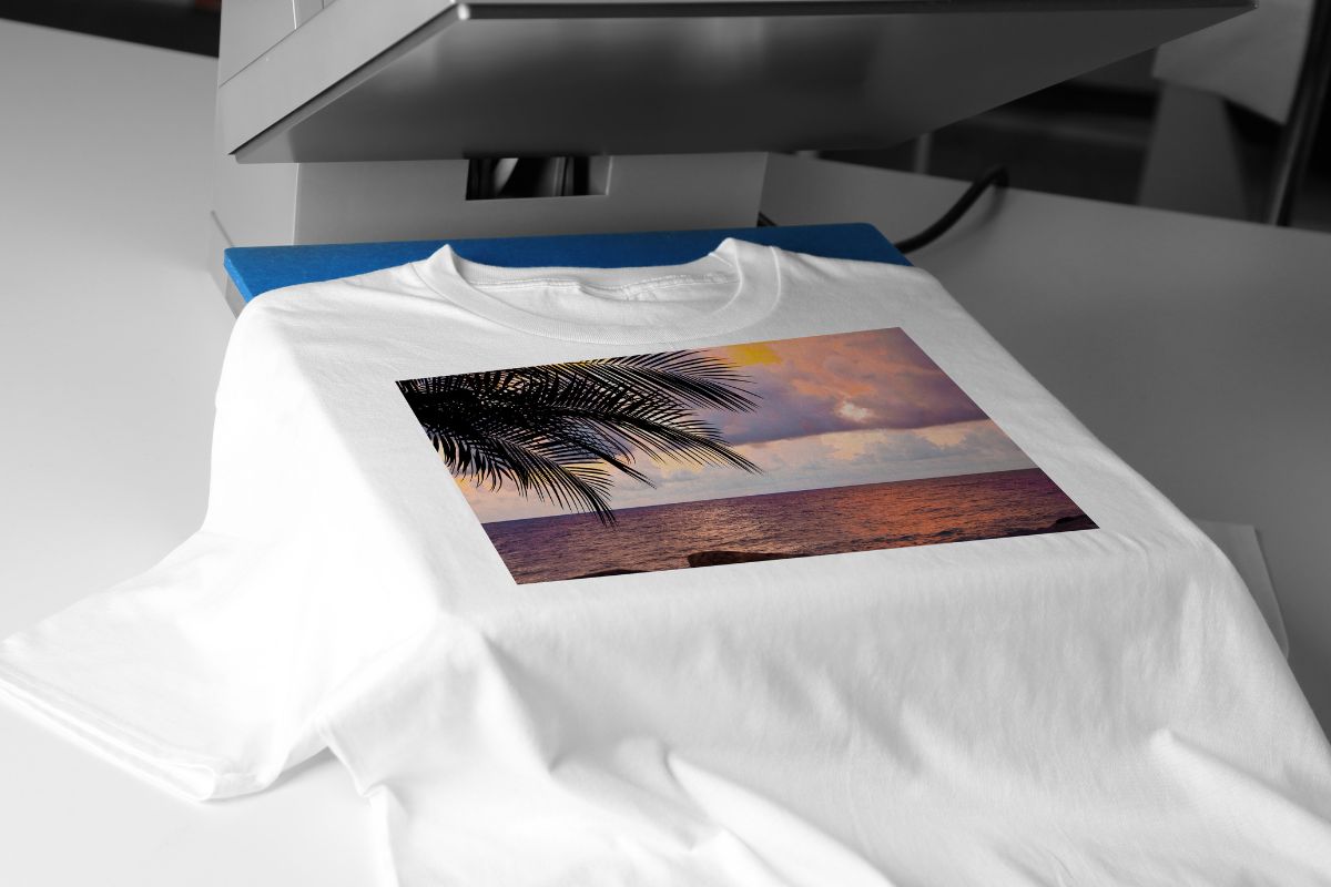 A digital printing machine printing on t shirt