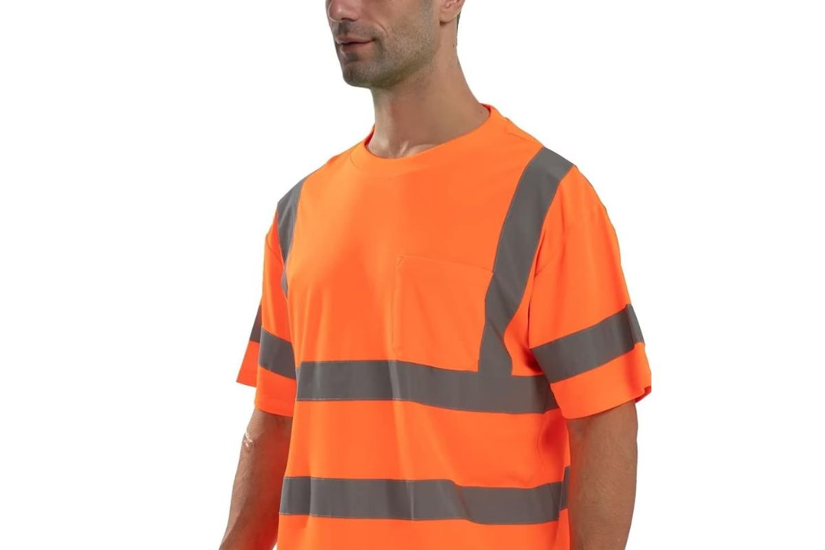 A man wearing safety t shirt