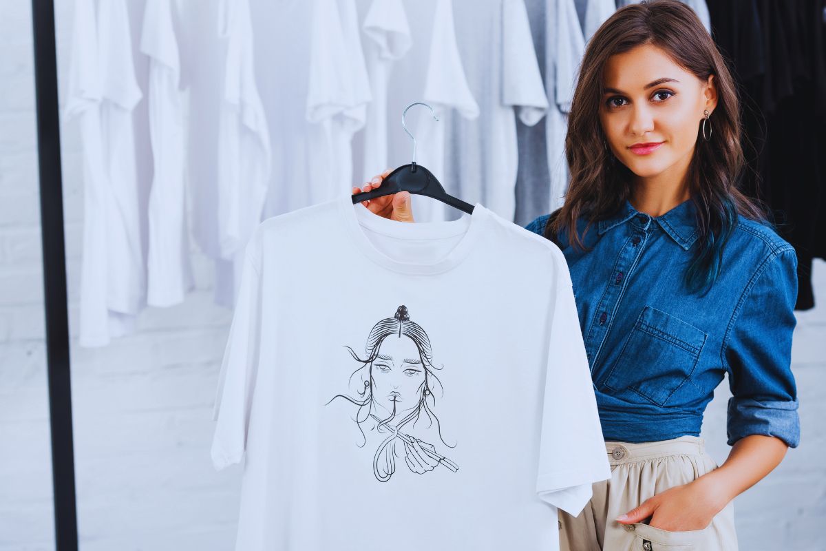 A woman is showing design printed on crew neck t shirt