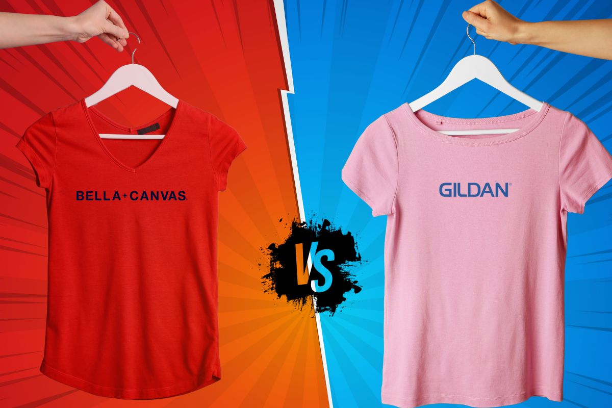 Bella+canvas t shirt on the left side and gildan's t shirt on the right side of the image