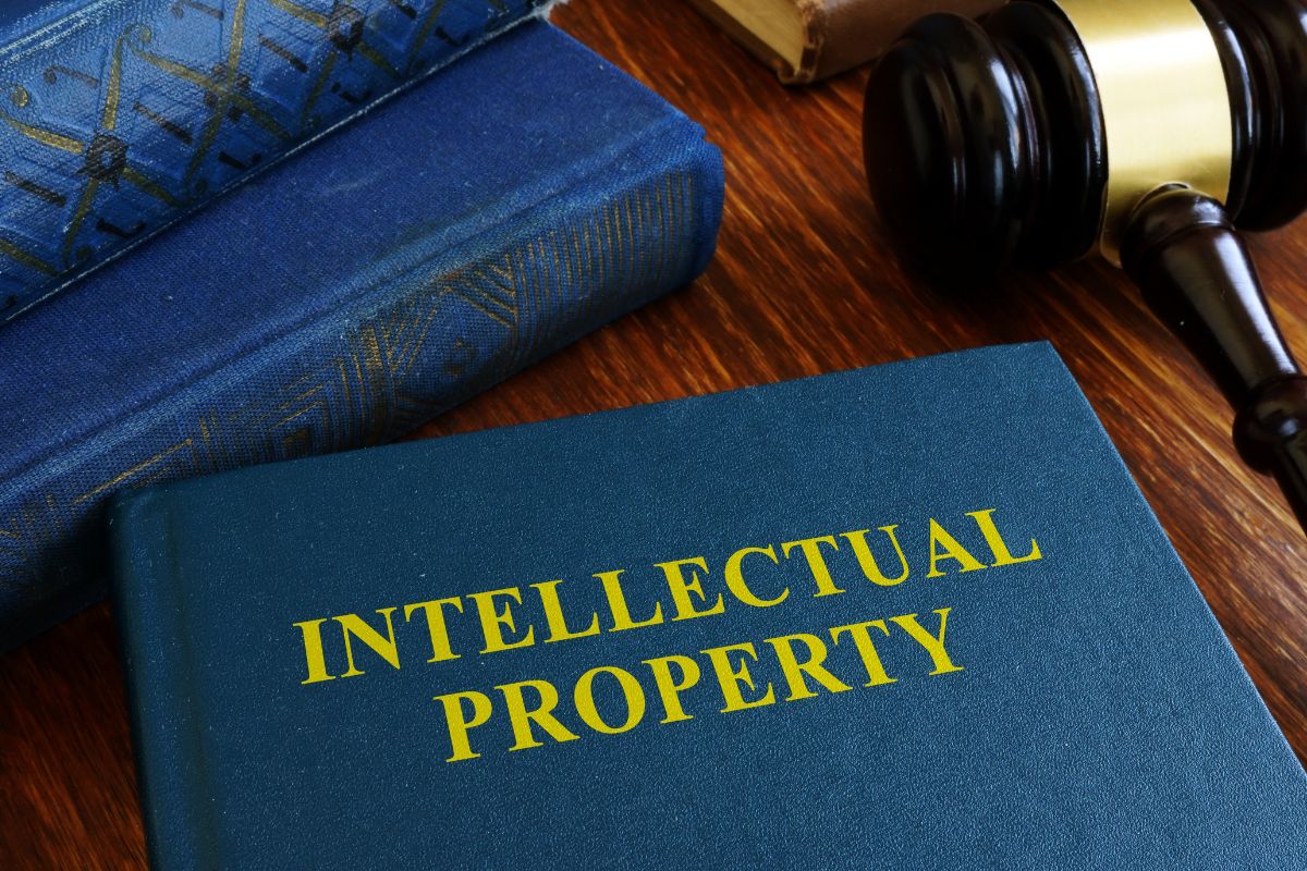 Intellectual property law about copyright kept on desk