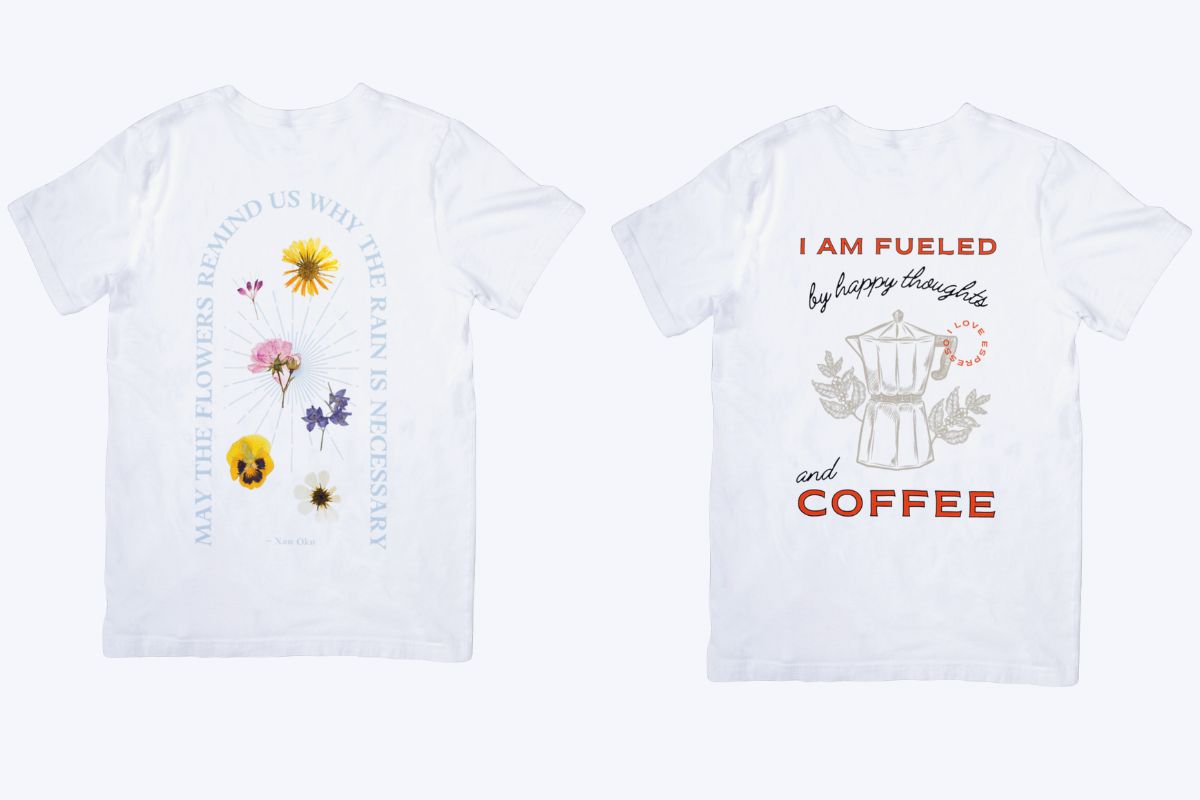 Two shirt design from top to bottom covered with images and words