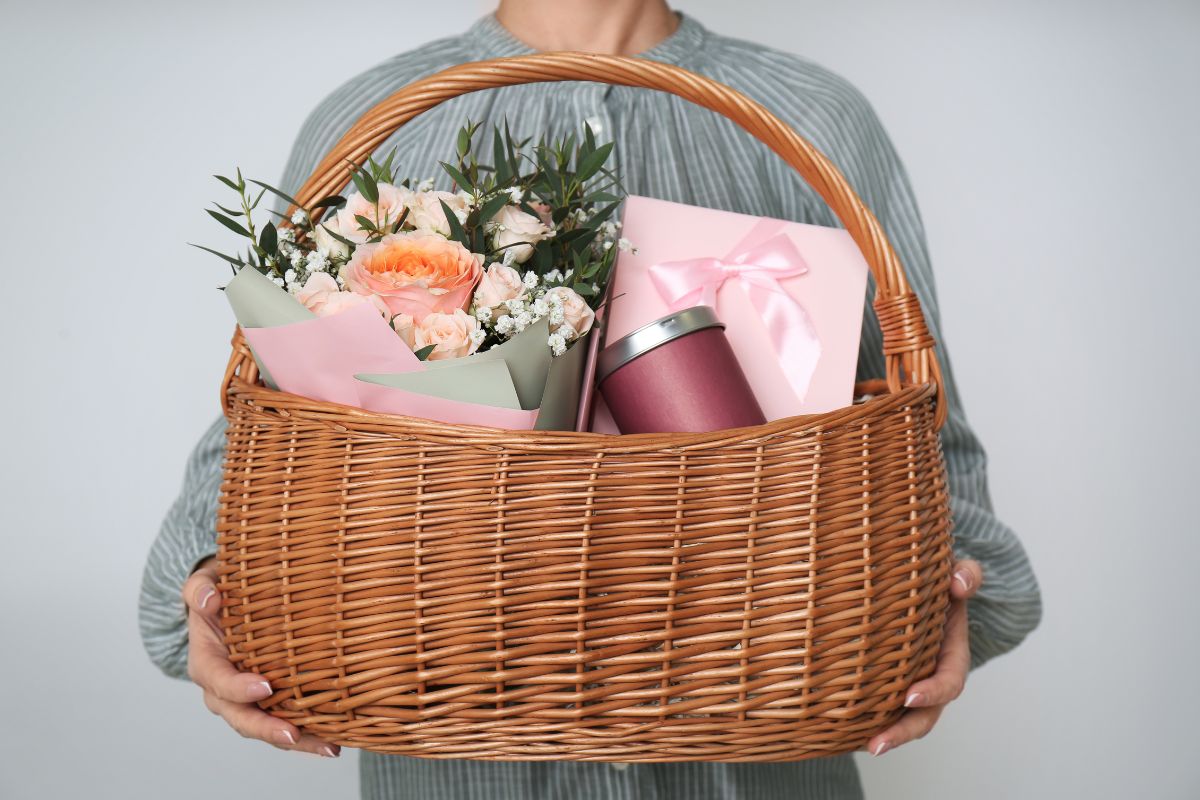 A gift basket full of corporate gifts carried by the business owner