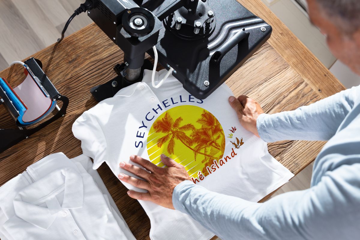 A person printing logo of a place on a t shirt