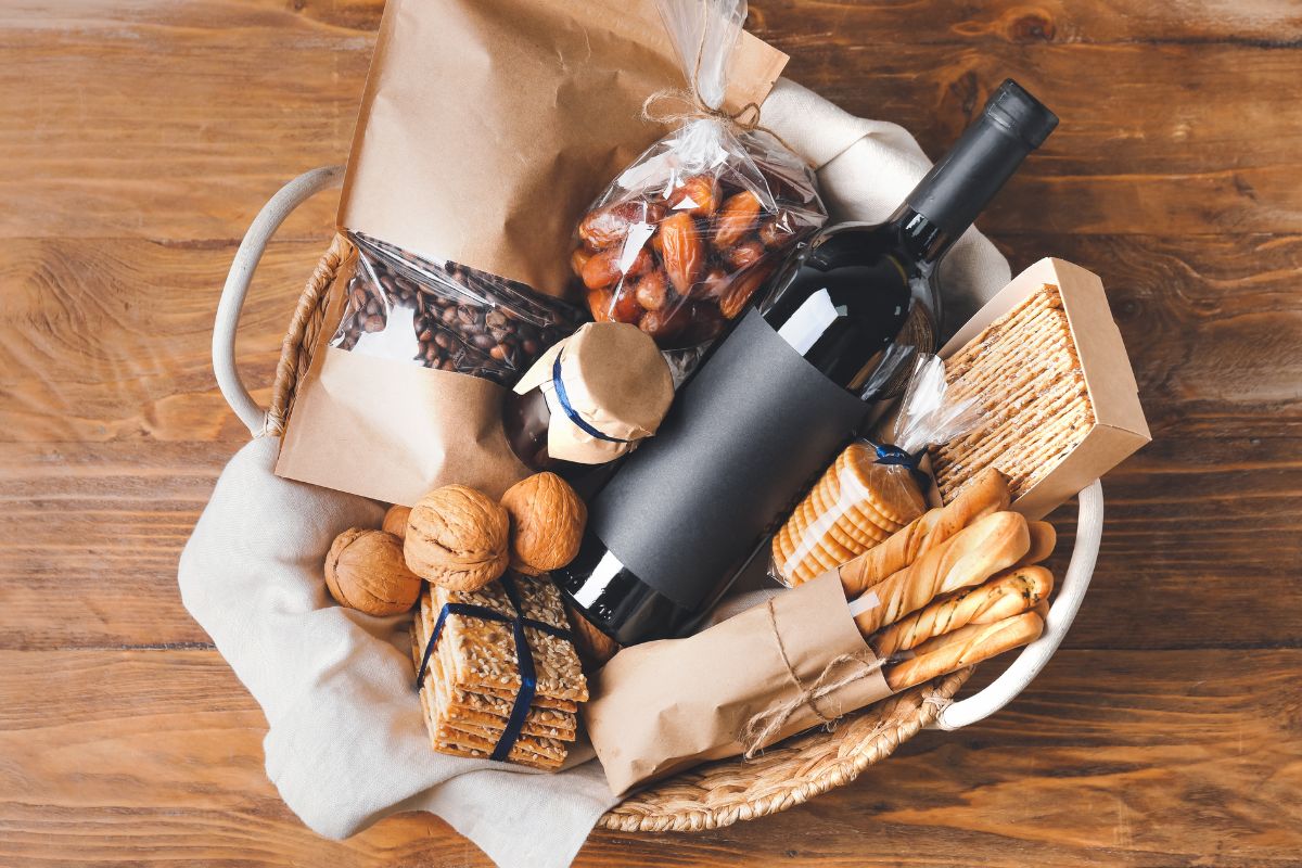 A wine bottle kept with gift basket
