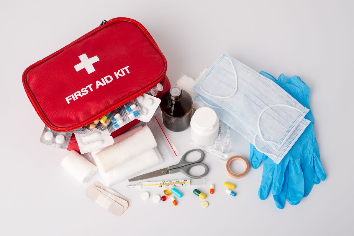 First aid kit and its components shown in the image