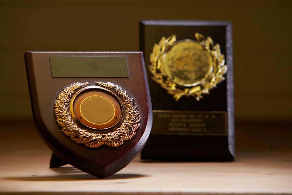 Office employees wooden recognition plaques kept for distribution