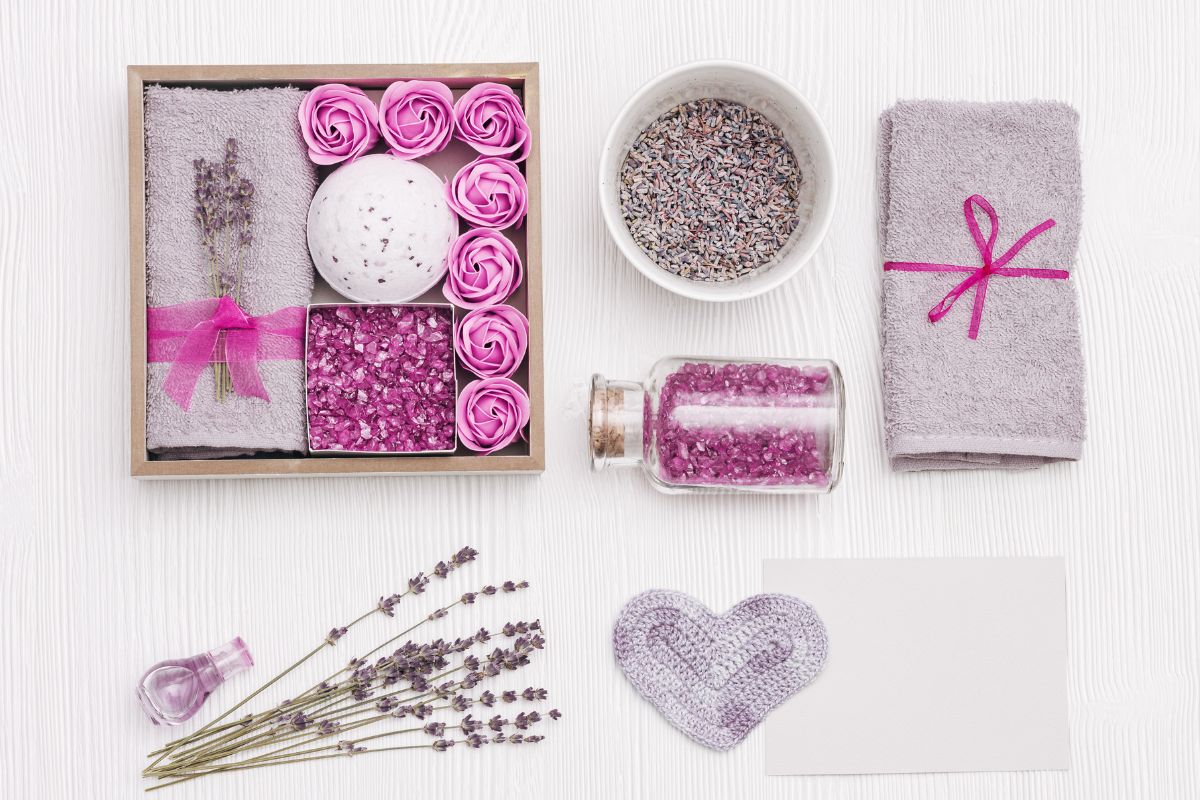 Wellness gift box with lavender flowers and other lavender inspired products.