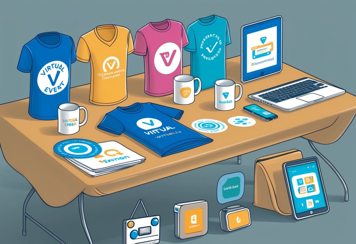 A table displaying various virtual event swag items such as branded mugs, t-shirts, stickers, and tech gadgets