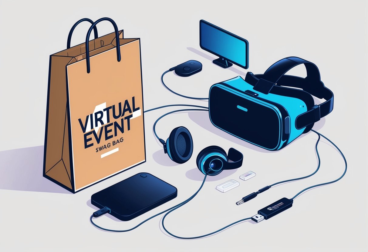 A virtual event swag bag with interactive elements: VR headset, headphones, webcam, and a branded USB drive