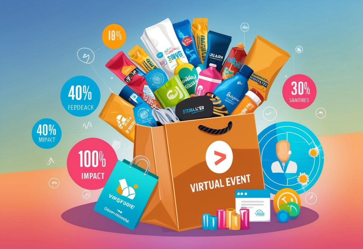 A virtual event swag bag overflowing with branded merchandise and goodies, surrounded by positive feedback and impact metrics