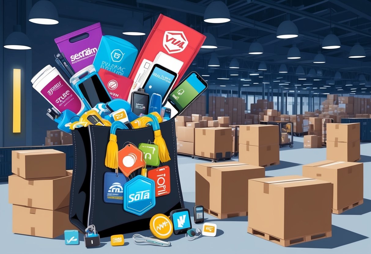 A virtual event swag bag bursting with branded merchandise and tech gadgets, surrounded by shipping boxes and a bustling distribution center