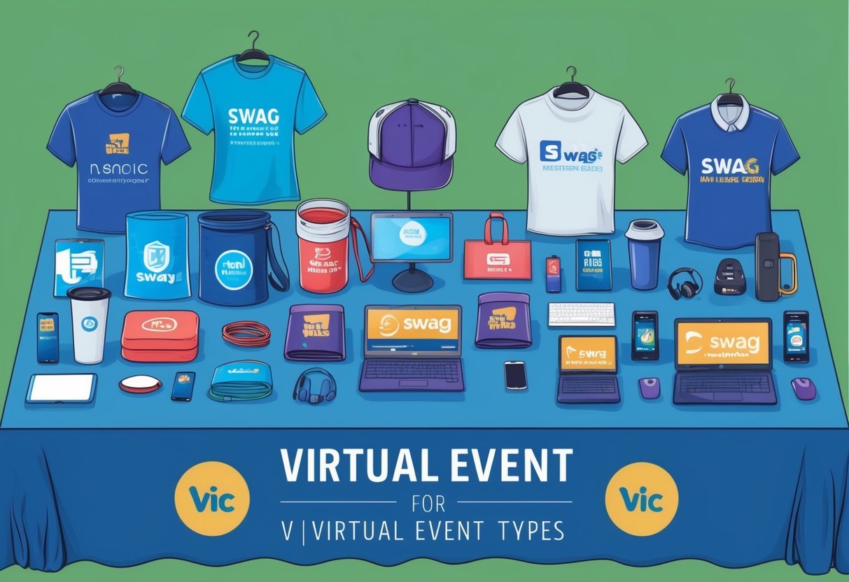 A table displays various swag items, including branded merchandise and tech accessories, tailored for different virtual event types