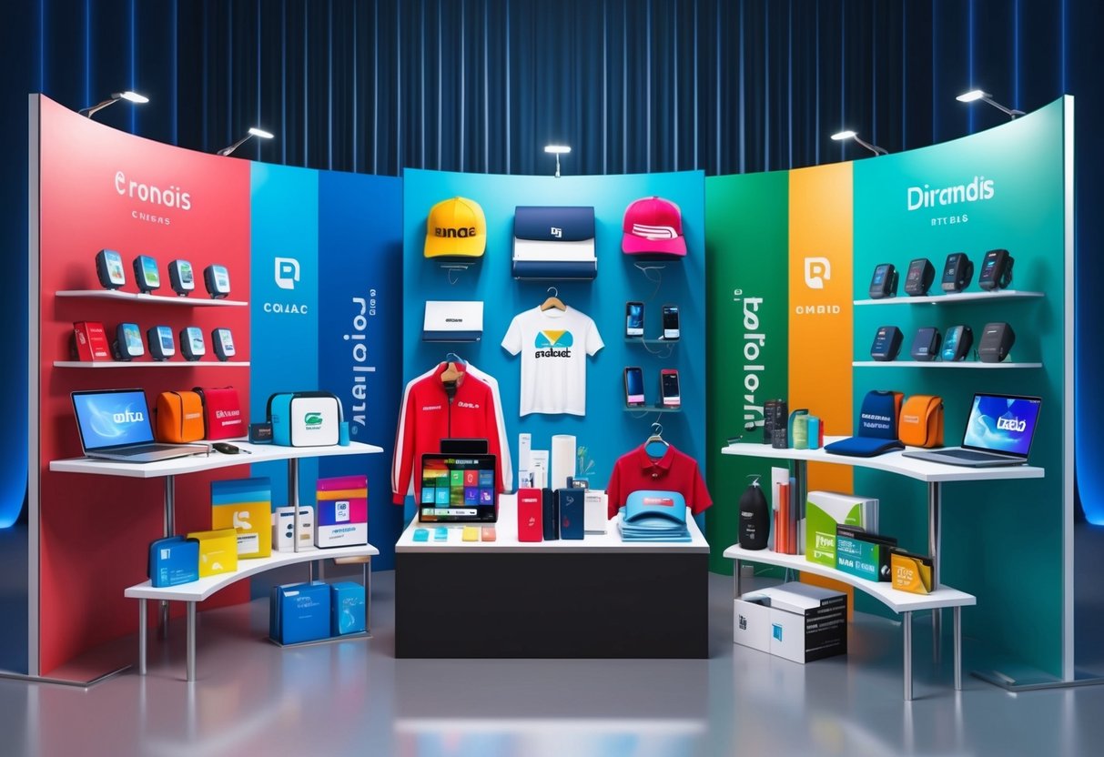 A colorful array of branded merchandise, including tech gadgets, apparel, and office supplies, displayed on a sleek virtual event backdrop