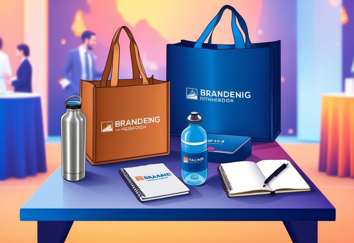 A table with branded merchandise, including a tote bag, water bottle, and notebook, displayed in a virtual event setting