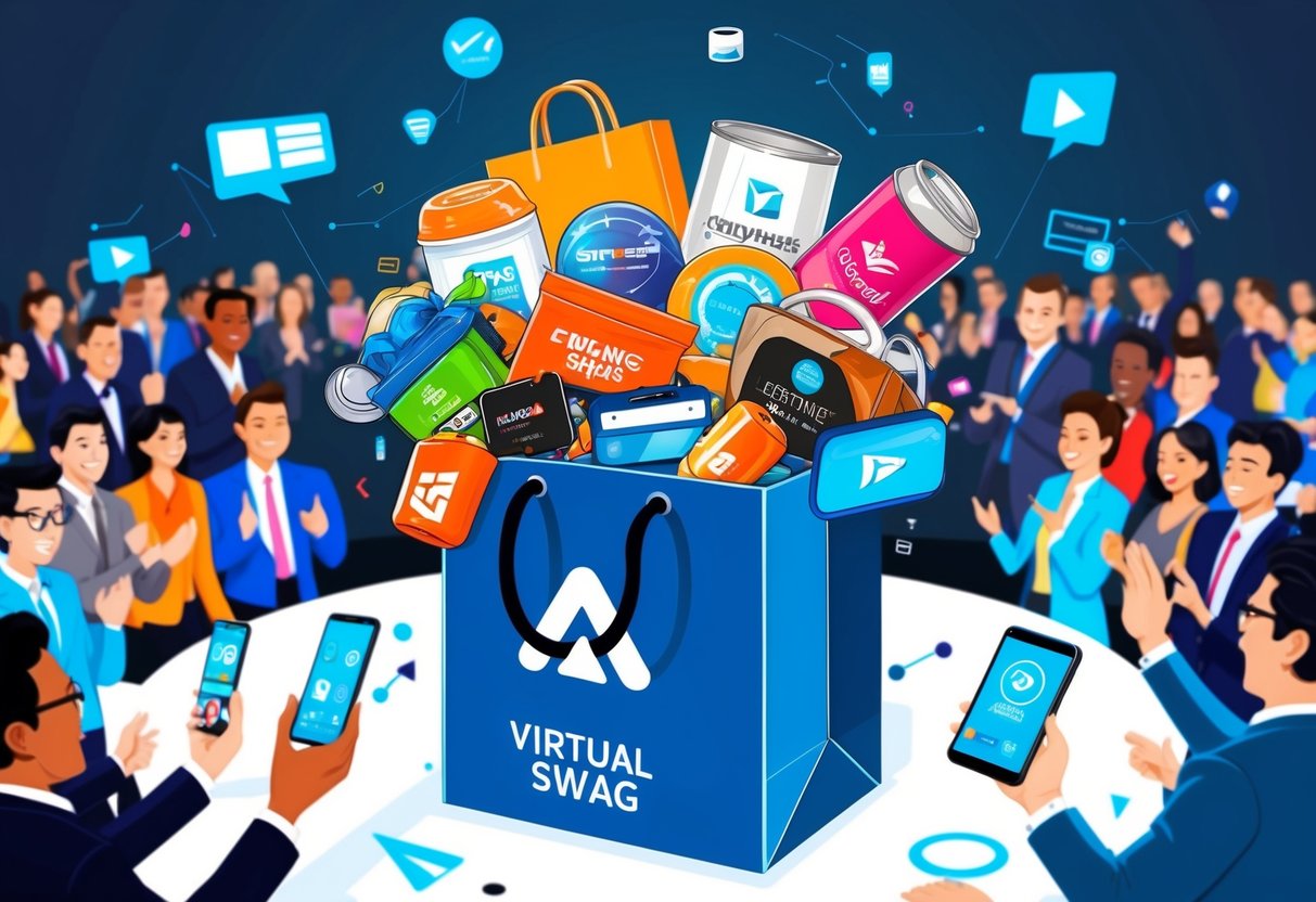 A virtual event swag bag overflowing with branded merchandise and tech gadgets, surrounded by excited attendees