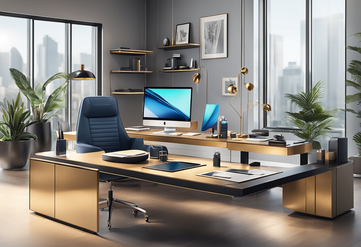 A sleek, modern office setting with high-end corporate gifts displayed on a polished table. Luxurious items such as leather goods, tech gadgets, and premium branded products are showcased in the scene