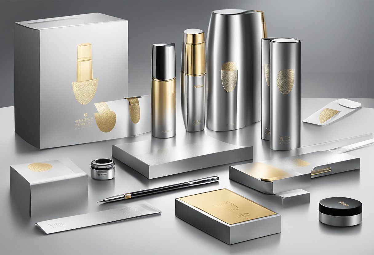 A sleek, modern display of high-end promotional products with elegant branding and packaging. Shimmering metallic accents catch the light, creating an air of luxury and exclusivity