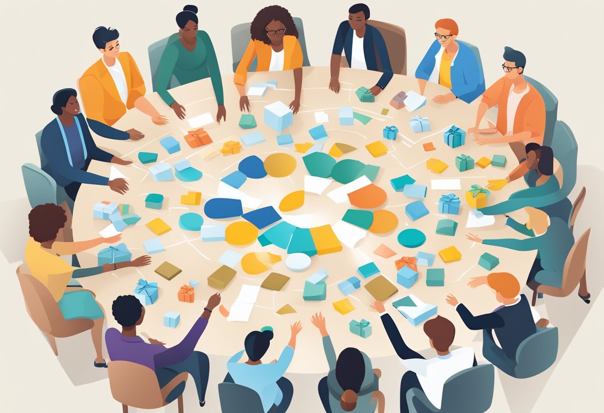 A group of diverse gift boxes with team-building activities and interactive games, arranged in a circle to symbolize collaboration and inclusivity