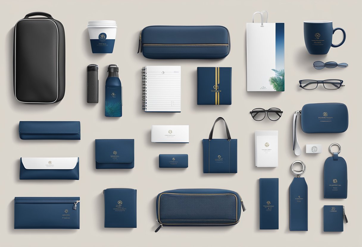 A lavish display of high-end promotional products, featuring sleek designs, premium materials, and elegant packaging, exuding an air of sophistication and exclusivity