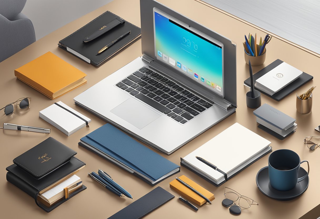 A sleek, modern office desk with a variety of high-end corporate gifts displayed, including engraved pens, leather-bound notebooks, and custom-branded tech accessories