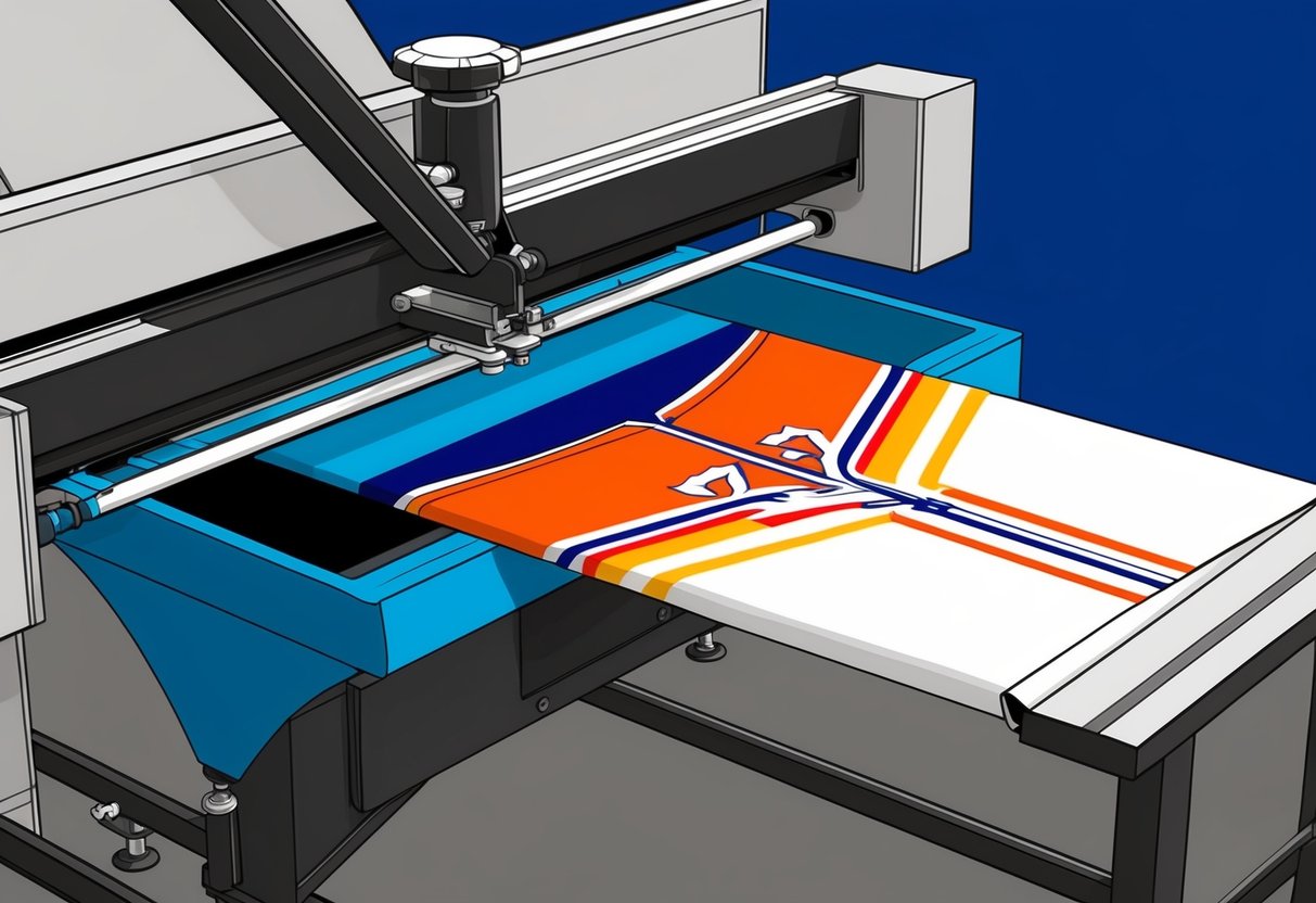 A screen printing press in action, with ink being applied to fabric to create a custom jersey design