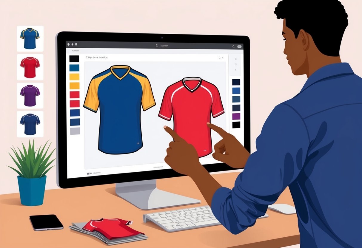 A person selecting jersey color, style, and size from a computer screen with various options displayed