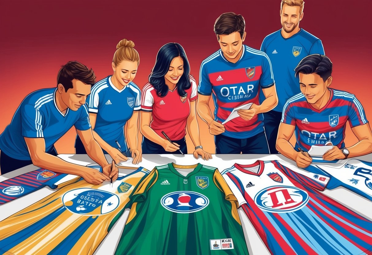 A group of people designing and customizing their own team jerseys using various colors, patterns, and logos