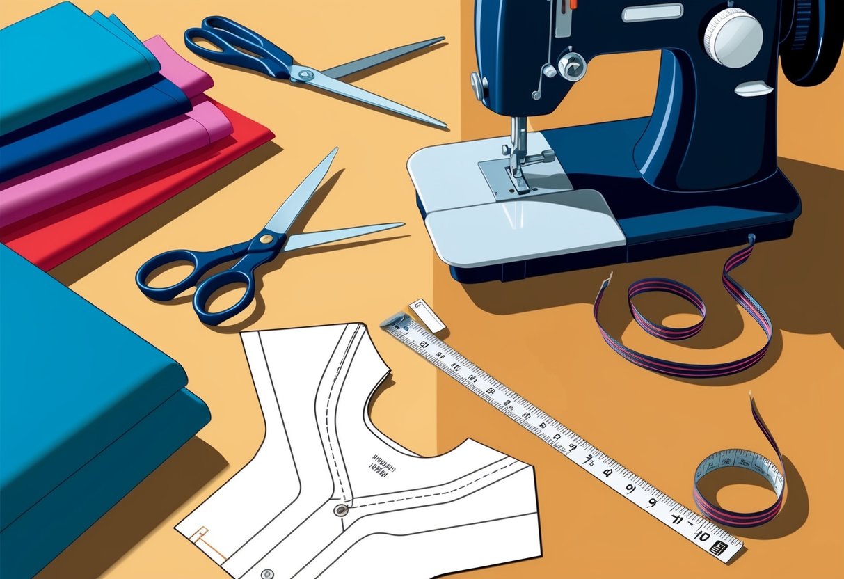 A table with fabric, scissors, thread, and a sewing machine. A jersey template and measuring tape are nearby