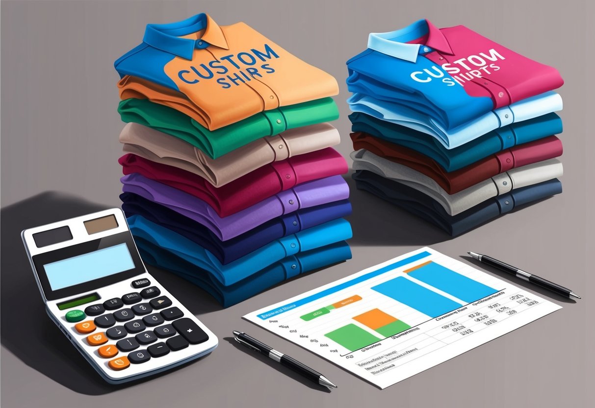 A stack of custom shirts with various designs and colors, alongside a calculator and spreadsheet showing operational costs