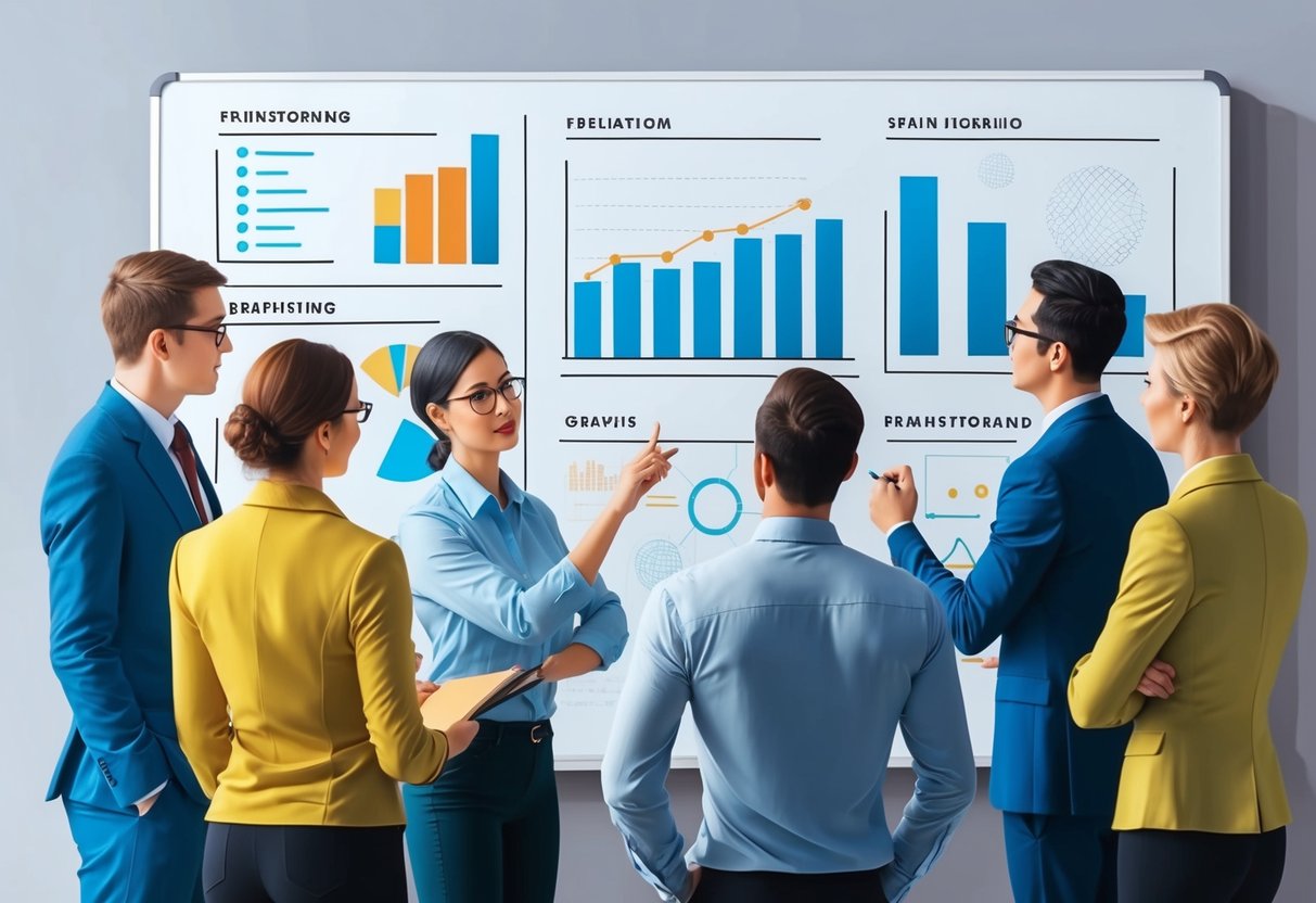 A group of people discussing and brainstorming ideas, with charts and graphs displayed on a whiteboard