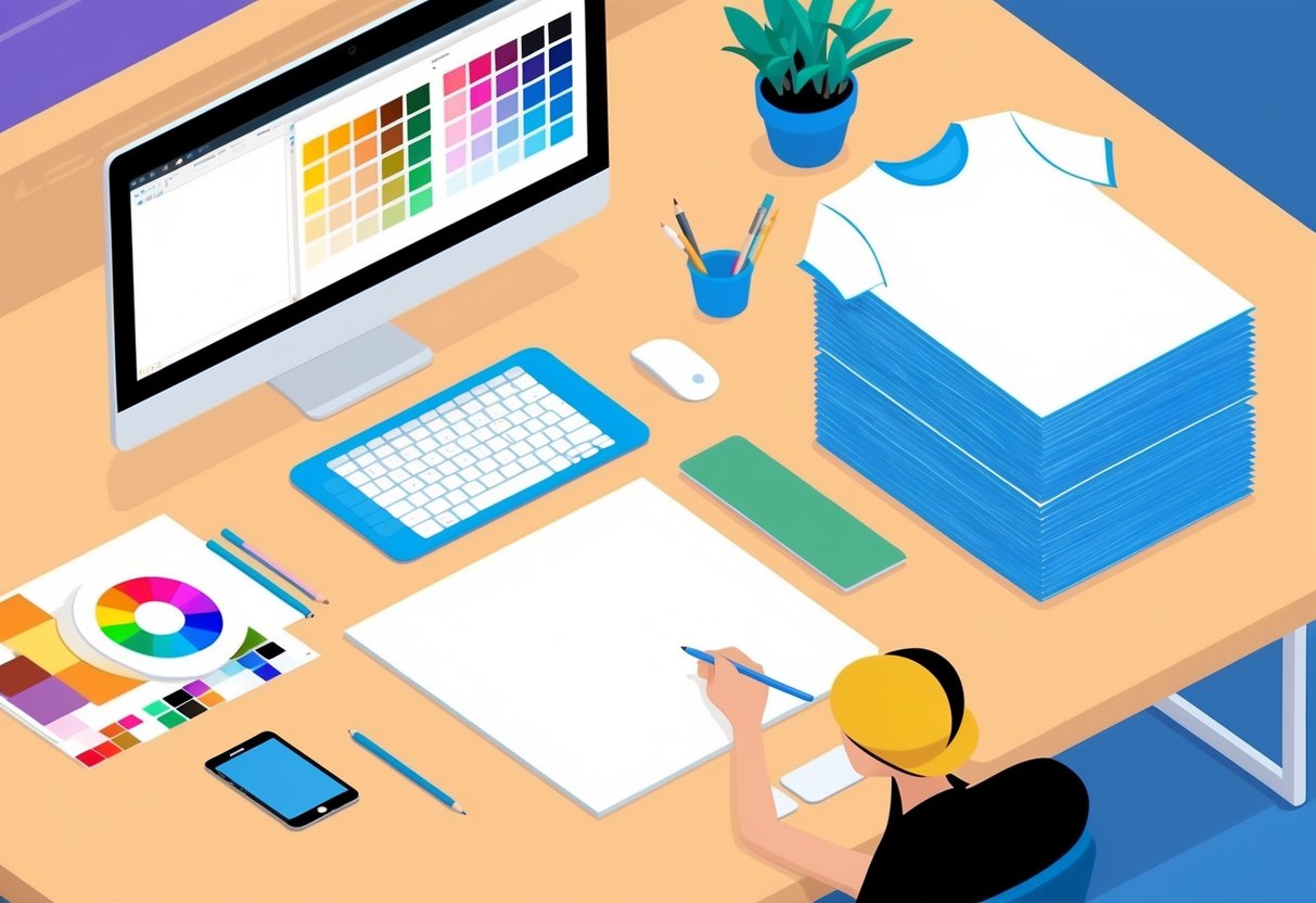 A designer's desk with a computer, drawing tablet, color swatches, and a stack of blank t-shirts