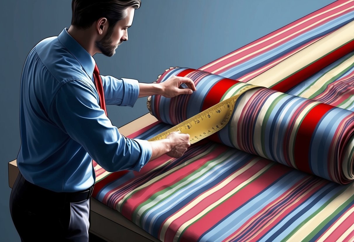 A tailor measuring a fabric roll for custom shirts