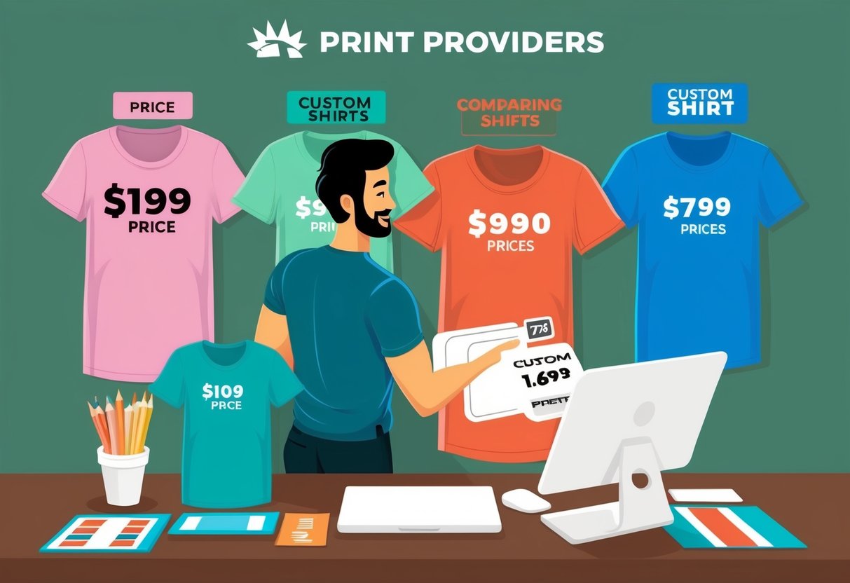 A person comparing prices from different print providers for custom shirts