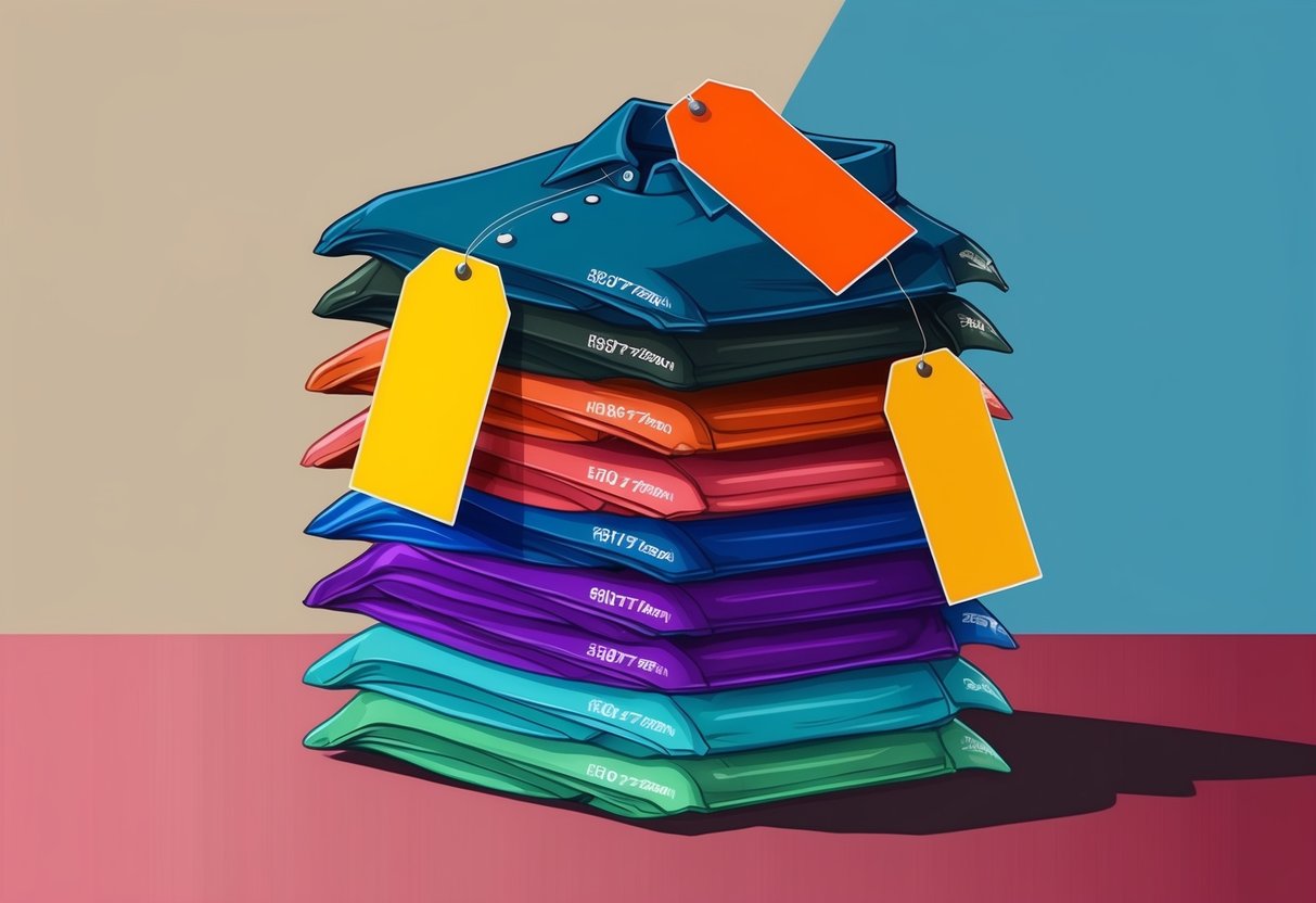 A stack of colorful custom shirts with price tags