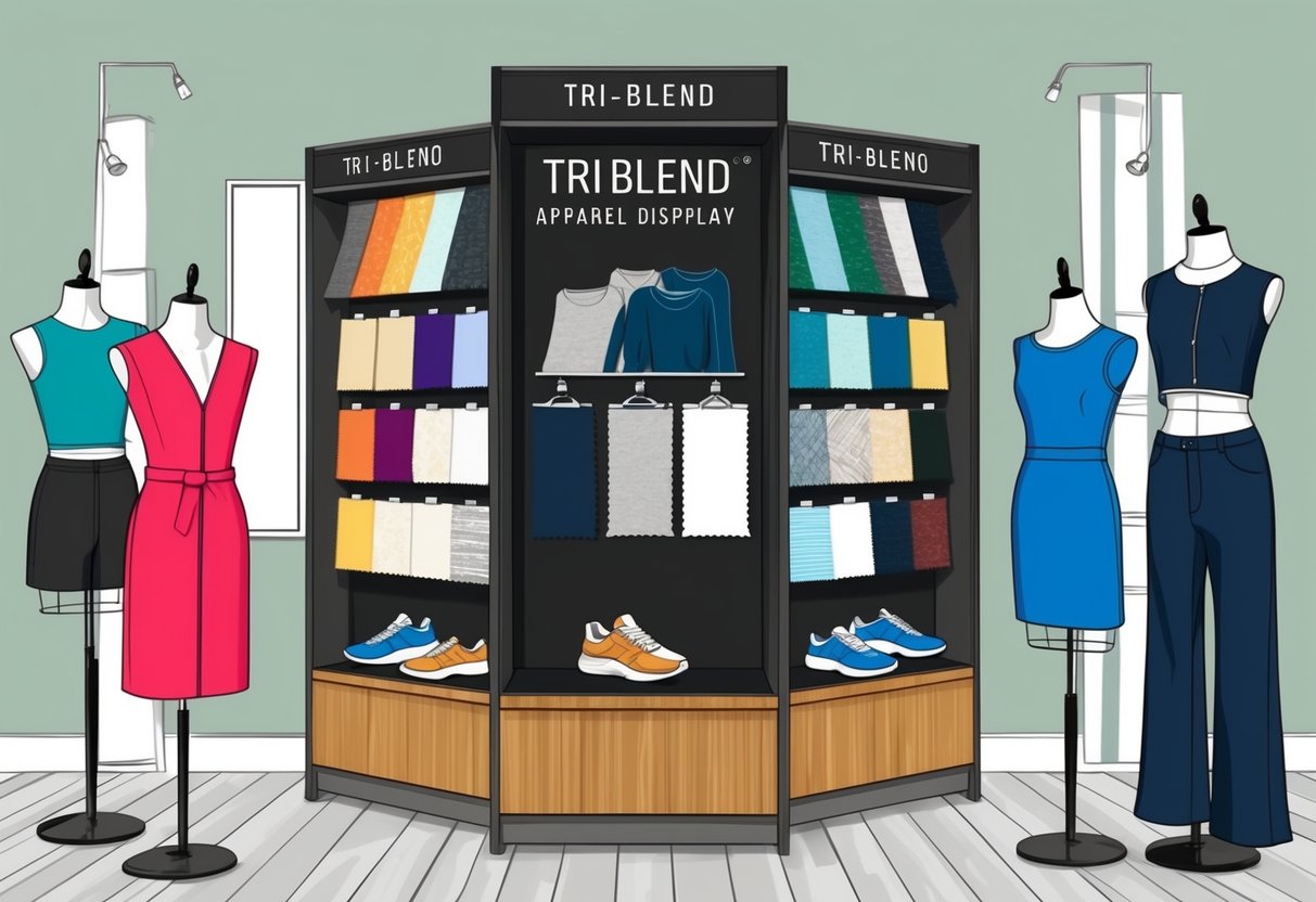 A stylish tri-blend apparel display with various fabric swatches and trendy clothing items on mannequins