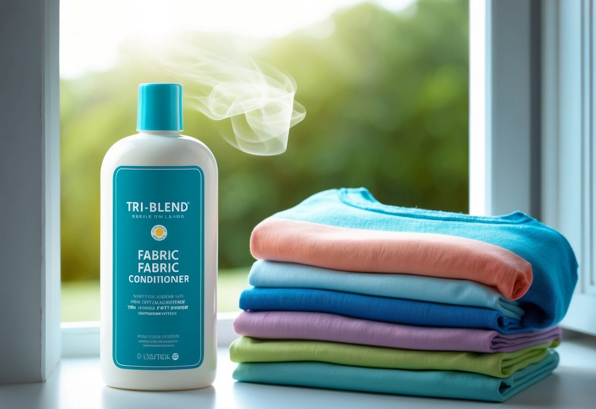 A bottle of tri-blend fabric conditioner next to a pile of neatly folded, soft and colorful tri-blend clothing, with a gentle breeze blowing through an open window