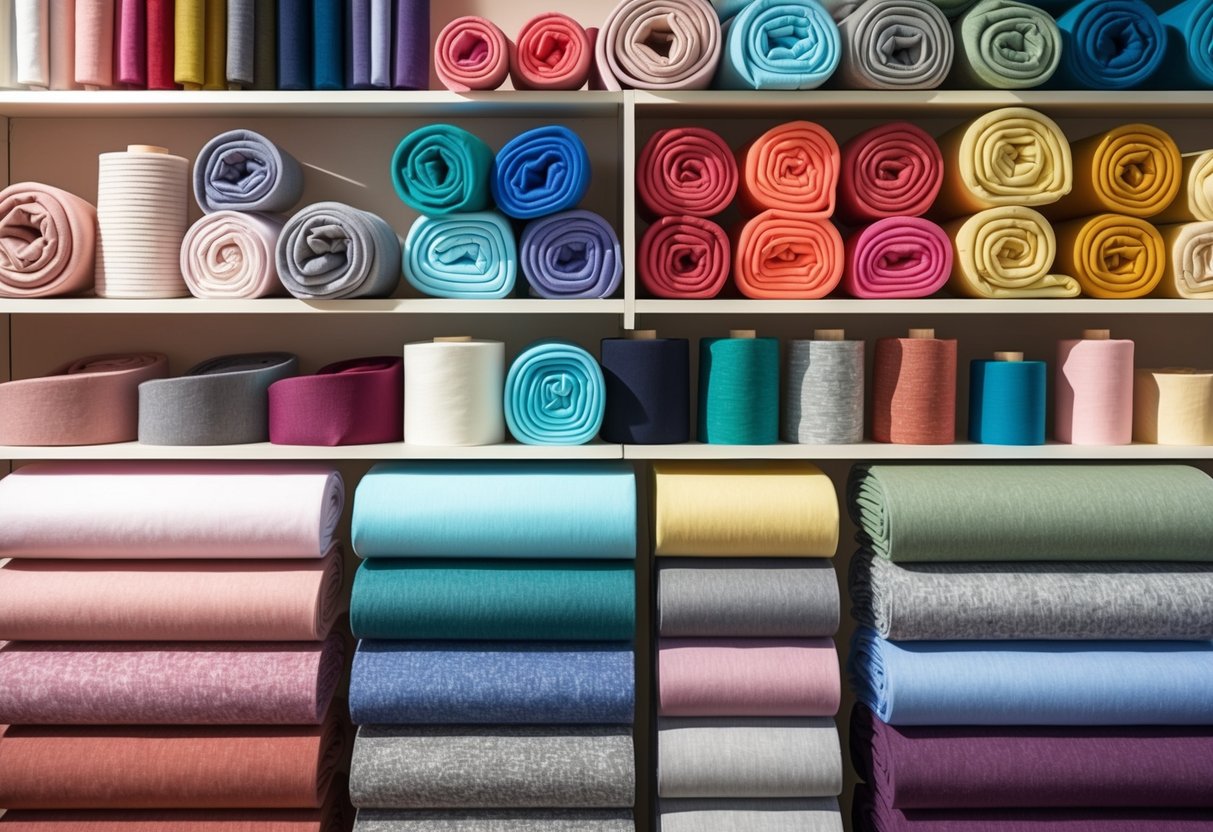 A colorful array of soft, heathered fabric rolls stacked on shelves in a trendy clothing store