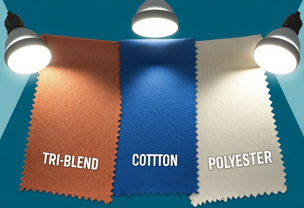 A tri-blend fabric swatch displayed next to a cotton and polyester swatch, under bright lighting for accurate color comparison