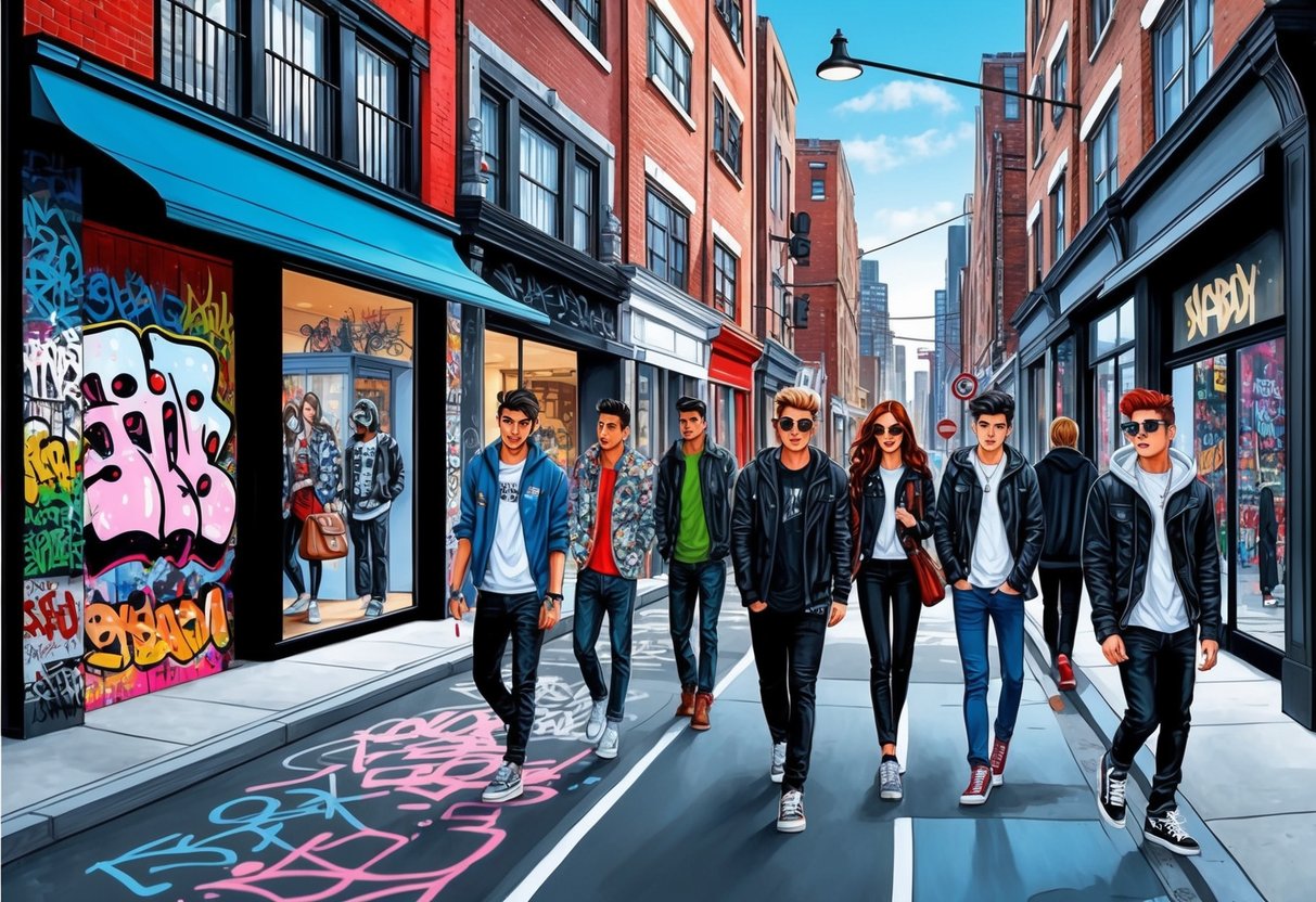 A bustling urban street with graffiti-covered walls, trendy storefronts, and stylish young people wearing edgy, casual clothing