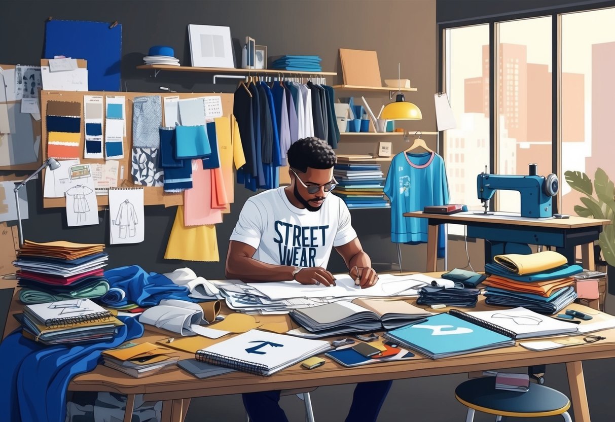 A cluttered design studio with mood boards, fabric swatches, and sketchbooks scattered across the table. A sewing machine hums in the background as a designer sketches out streetwear concepts