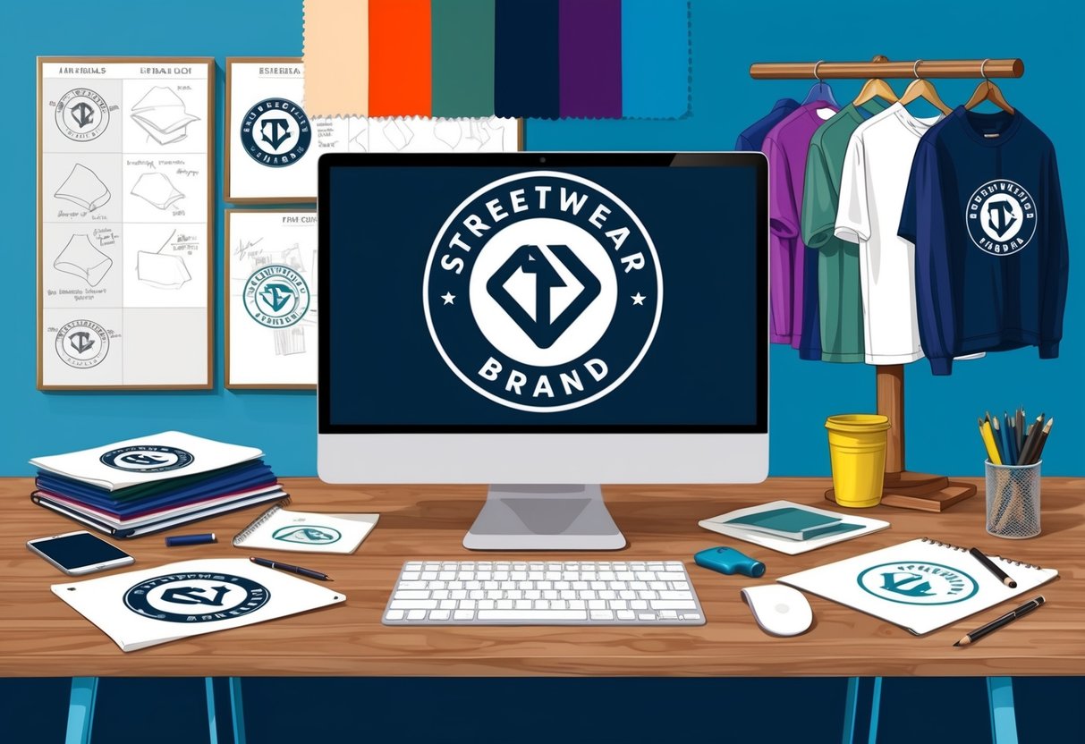 A streetwear brand logo being designed on a computer, surrounded by sketches, fabric swatches, and a mood board for inspiration