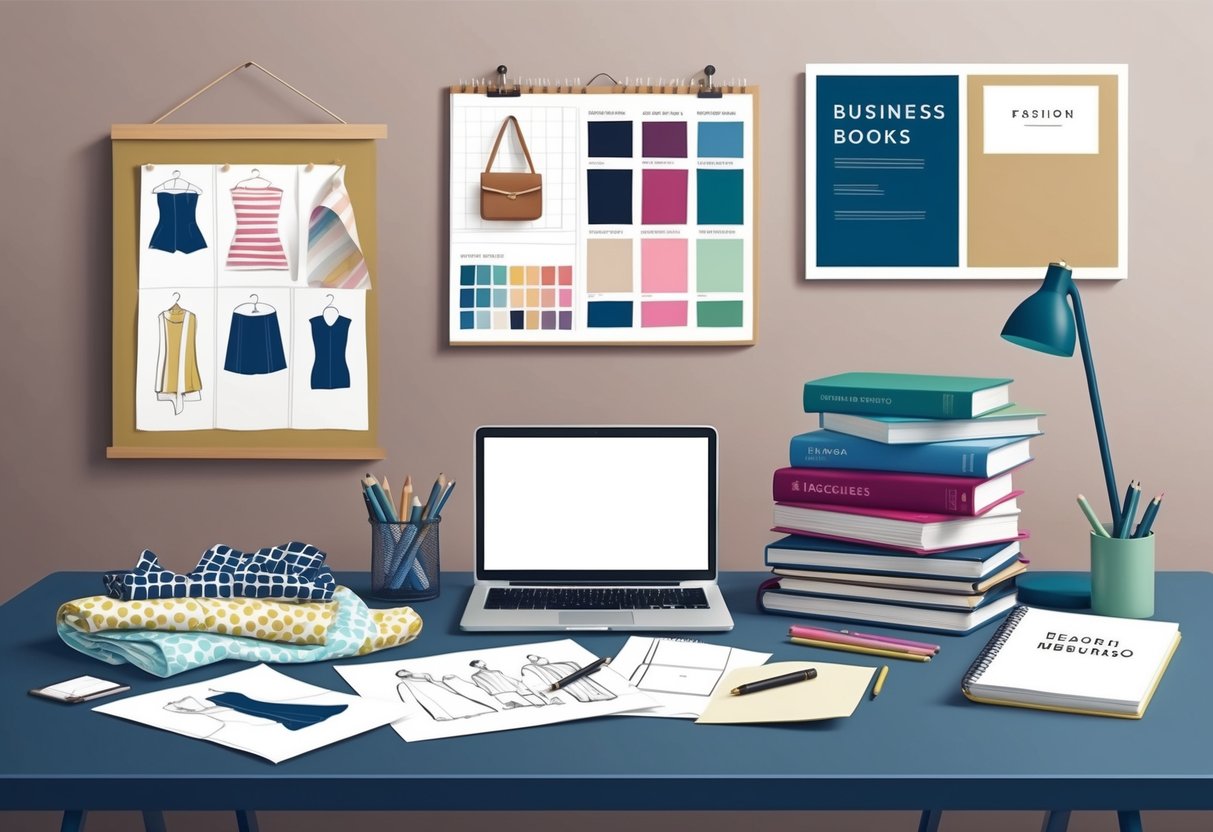 A cluttered desk with sketches, fabric swatches, and a laptop. A mood board on the wall with fashion inspiration. A stack of business books and a notebook with branding ideas