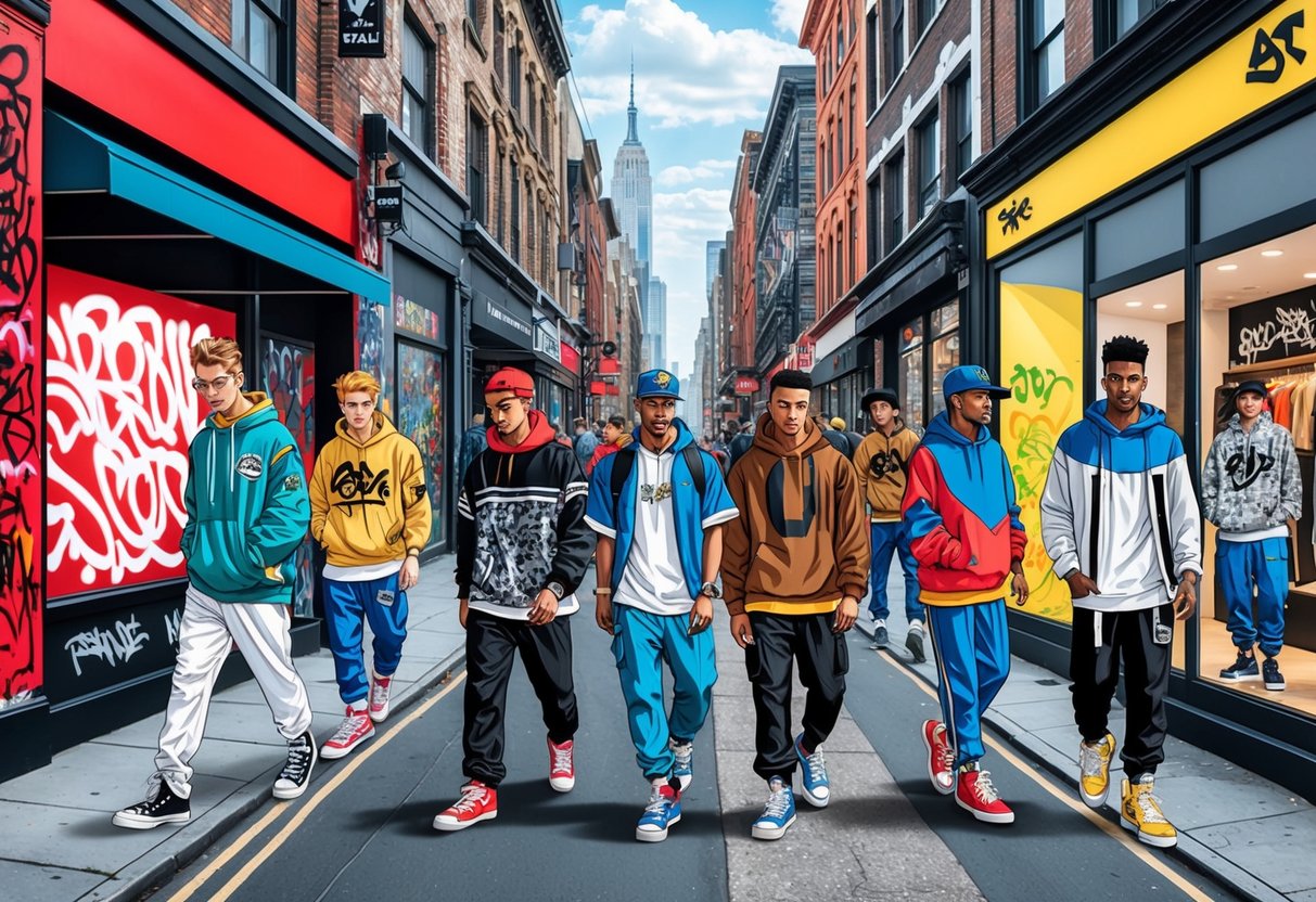 A bustling city street with graffiti-covered walls, trendy storefronts, and fashionable young people in unique streetwear outfits