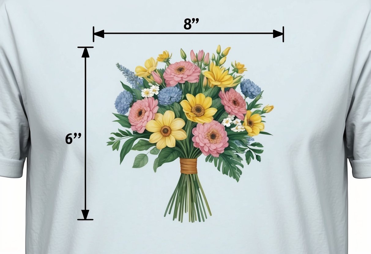 A design of a flower bouquet, measuring 8 inches in height and 6 inches in width, positioned in the center of a plain white t-shirt