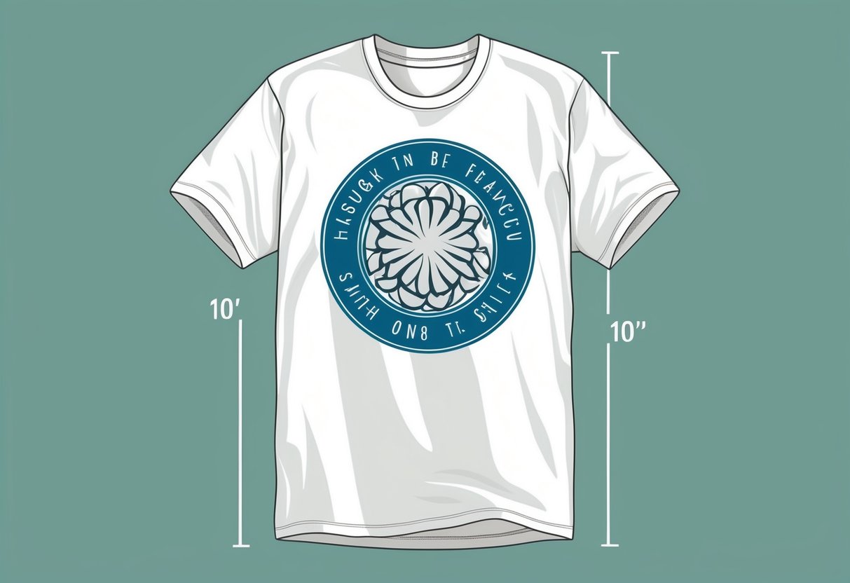 A t-shirt with a large design centered on the front, measuring approximately 10 inches in width and 10 inches in height